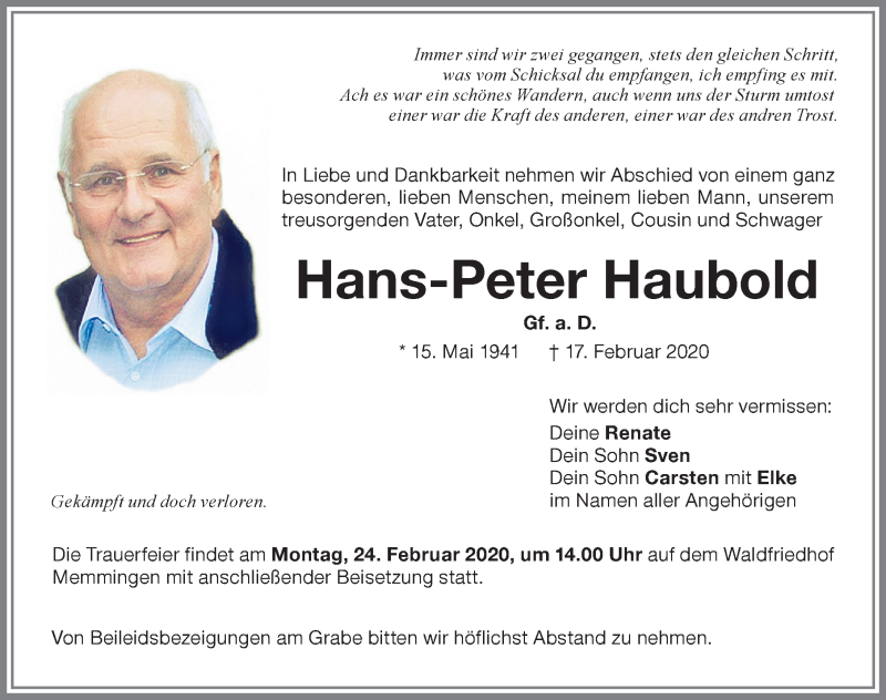  Traueranzeige für Hans-Peter Haubold vom 21.02.2020 aus Memminger Zeitung