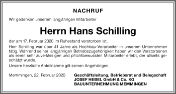 Traueranzeige von Hans Schilling von Memminger Zeitung