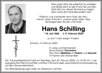 Traueranzeige von Hans Schilling von Memminger Zeitung