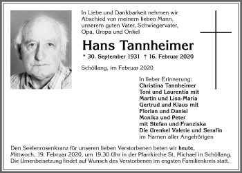 Traueranzeige von Hans Tannheimer von Allgäuer Anzeigeblatt
