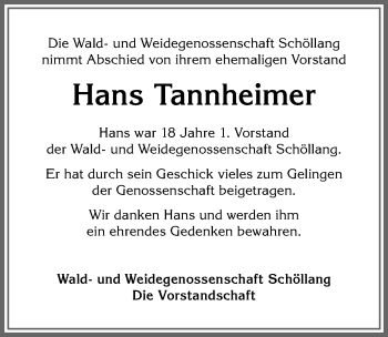 Traueranzeige von Hans Tannheimer von Allgäuer Anzeigeblatt