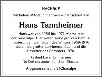 Traueranzeige von Hans Tannheimer von Allgäuer Anzeigeblatt