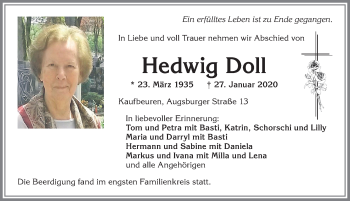 Traueranzeige von Hedwig Doll von Allgäuer Zeitung, Kaufbeuren/Buchloe