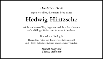 Traueranzeige von Hedwig Hintzsche von Der Westallgäuer