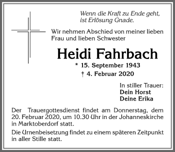 Traueranzeige von Heidi Fahrbach von Allgäuer Zeitung, Marktoberdorf