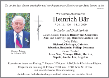 Traueranzeige von Heinrich Bär von Allgäuer Zeitung, Füssen
