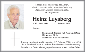 Traueranzeige von Heinz Luysberg von Allgäuer Zeitung,Kempten