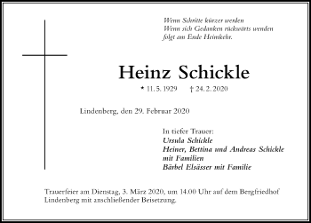 Traueranzeige von Heinz Schickle von Der Westallgäuer