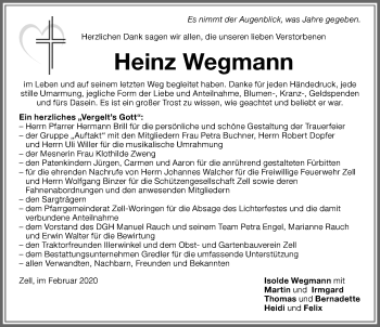 Traueranzeige von Heinz Wegmann von Memminger Zeitung