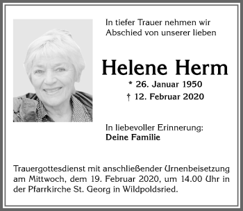 Traueranzeige von Helene Herm von Allgäuer Zeitung,Kempten