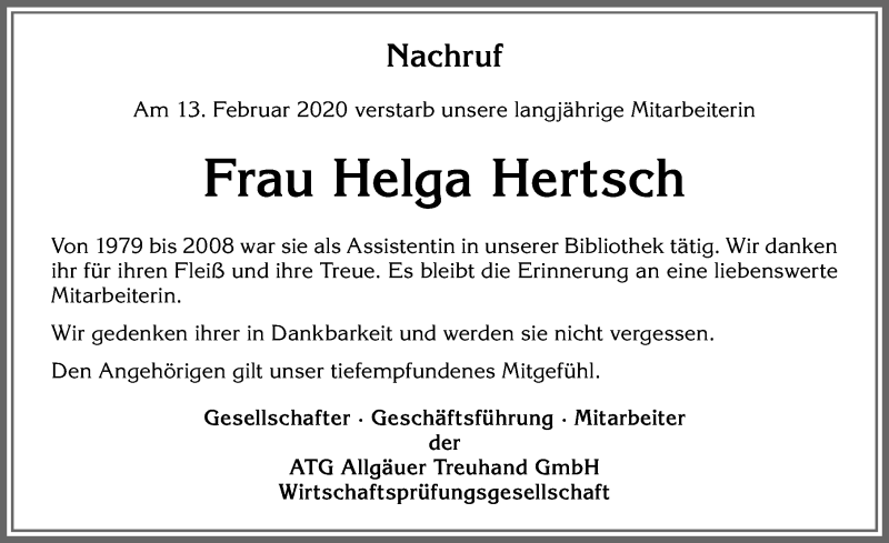  Traueranzeige für Helga Hertsch vom 22.02.2020 aus Allgäuer Zeitung,Kempten