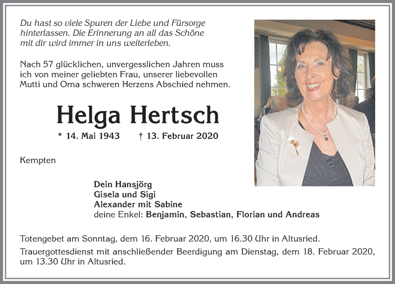  Traueranzeige für Helga Hertsch vom 15.02.2020 aus Allgäuer Zeitung,Kempten