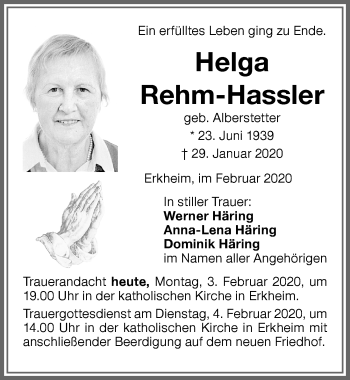 Traueranzeige von Helga Rehm-Hassler von Memminger Zeitung