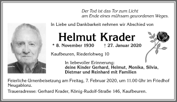 Traueranzeige von Helmut Krader von Allgäuer Zeitung, Kaufbeuren/Buchloe
