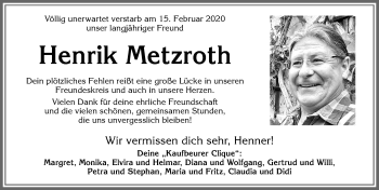 Traueranzeige von Henrik Metzroth von Allgäuer Zeitung, Kaufbeuren/Buchloe