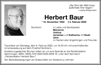 Traueranzeige von Herbert Baur von Memminger Zeitung