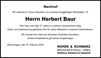 Traueranzeige von Herbert Baur von Memminger Zeitung