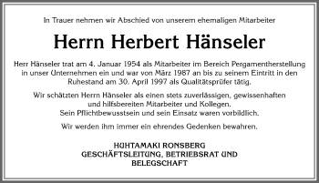 Traueranzeige von Herbert Hänseler von Allgäuer Zeitung, Marktoberdorf