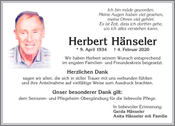 Traueranzeige von Herbert Hänseler von Allgäuer Zeitung, Marktoberdorf