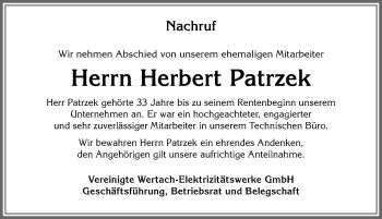 Traueranzeige von Herbert Patrzek von Allgäuer Zeitung, Kaufbeuren/Buchloe