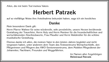 Traueranzeige von Herbert Patrzek von Allgäuer Zeitung, Kaufbeuren/Buchloe