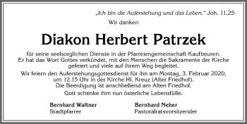 Traueranzeige von Herbert Patrzek von Allgäuer Zeitung, Kaufbeuren/Buchloe