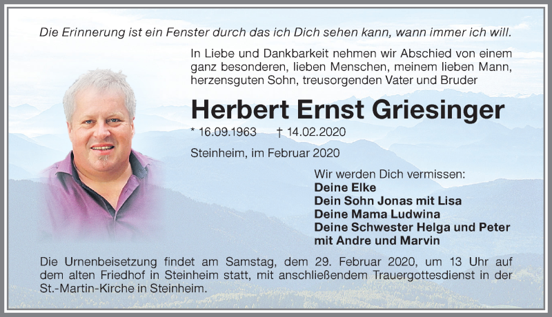  Traueranzeige für Herbert Ernst Griesinger vom 27.02.2020 aus Memminger Zeitung