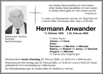 Traueranzeige von Hermann Anwander von Memminger Zeitung