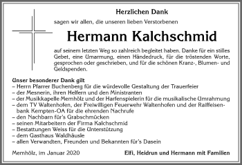 Traueranzeige von Hermann Kalchschmid von Allgäuer Zeitung,Kempten