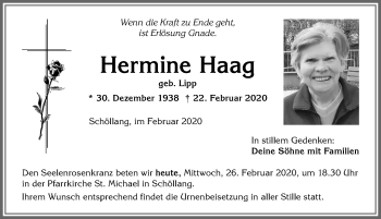 Traueranzeige von Hermine Haag von Allgäuer Anzeigeblatt