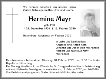 Traueranzeige von Hermine Mayr von Allgäuer Anzeigeblatt