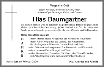 Traueranzeige von Hias Baumgartner von Allgäuer Anzeigeblatt