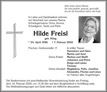 Traueranzeige von Hilde Freisl von Allgäuer Anzeigeblatt