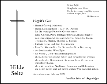 Traueranzeige von Hilde Seitz von Der Westallgäuer