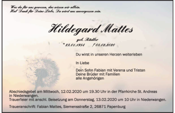 Traueranzeige von Hildegard Mattes von Der Westallgäuer