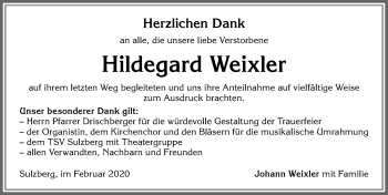 Traueranzeige von Hildegard Weixler von Allgäuer Zeitung,Kempten