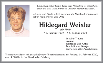 Traueranzeige von Hildegard Weixler von Allgäuer Zeitung,Kempten