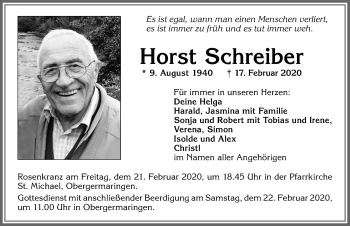 Traueranzeige von Horst Schreiber von Allgäuer Zeitung, Kaufbeuren/Buchloe