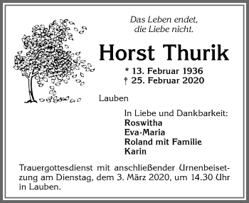 Traueranzeige von Horst Thurik von Allgäuer Zeitung,Kempten