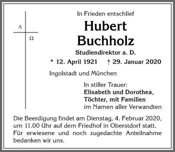 Traueranzeige von Hubert Buchholz von Allgäuer Anzeigeblatt