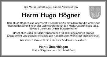 Traueranzeige von Hugo Högner von Allgäuer Zeitung, Marktoberdorf