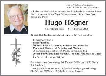 Traueranzeige von Hugo Högner von Allgäuer Zeitung, Marktoberdorf