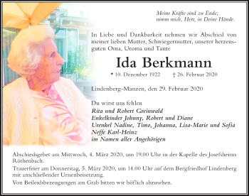 Traueranzeige von Ida Berkmann von Der Westallgäuer