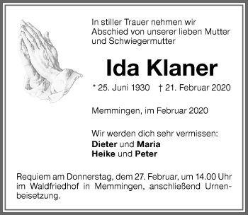 Traueranzeige von Ida Klaner von Memminger Zeitung