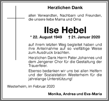 Traueranzeige von Ilse Hebel von Memminger Zeitung