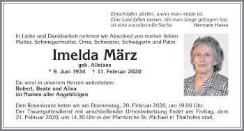 Traueranzeige von Imelda März von Allgäuer Zeitung, Marktoberdorf