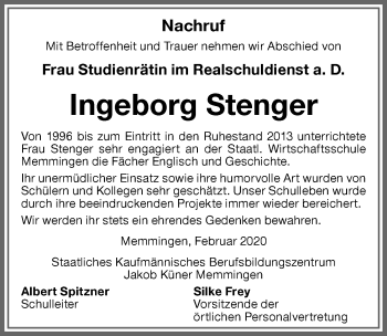 Traueranzeige von Ingeborg Stenger von Memminger Zeitung
