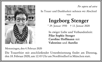 Traueranzeige von Ingeborg Stenger von Memminger Zeitung