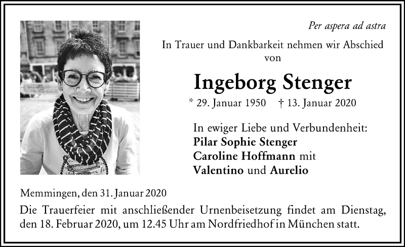 Traueranzeige für Ingeborg Stenger vom 01.02.2020 aus Allgäuer Zeitung,Kempten