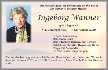 Traueranzeige von Ingeborg Wanner von Allgäuer Zeitung, Kaufbeuren/Buchloe